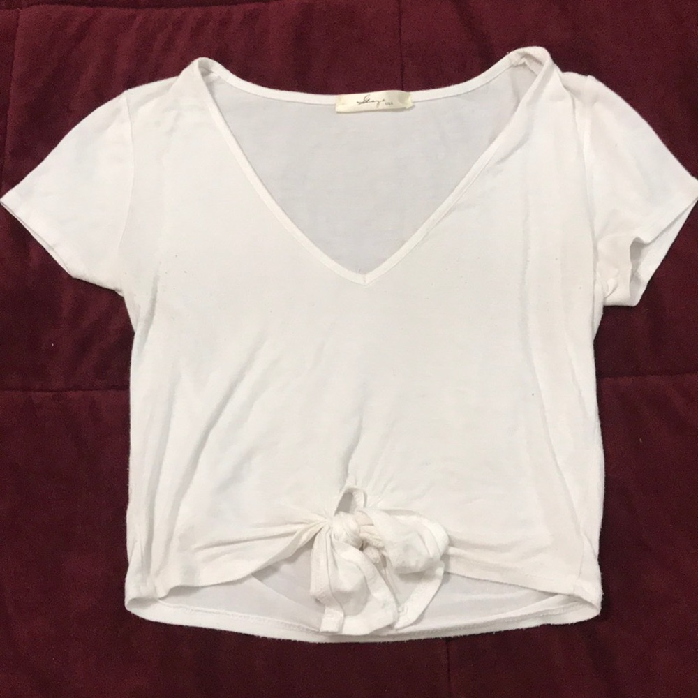 white vneck shirt with front tie